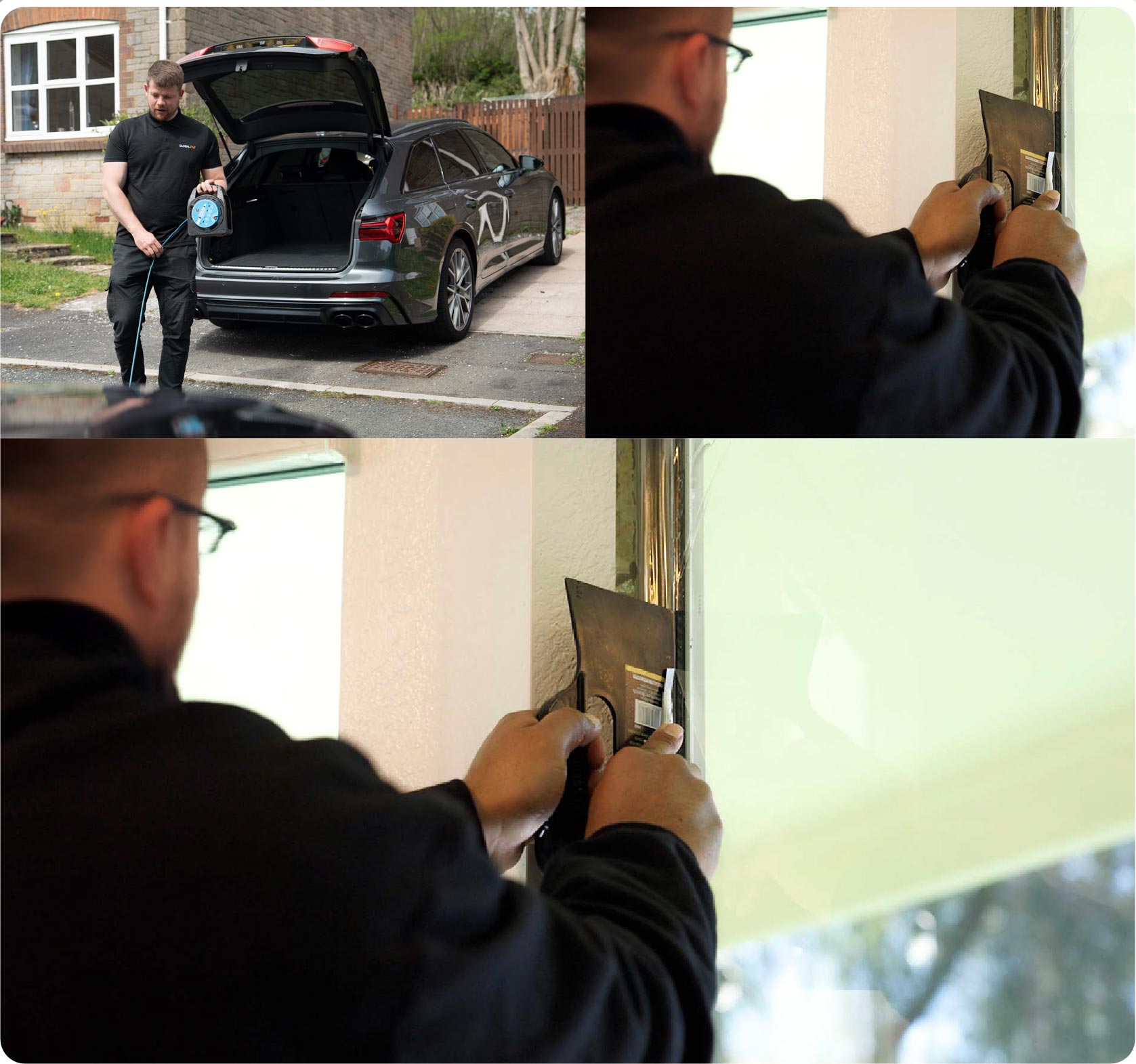 Global Tint Installer Cutting Home Window Film in Bath