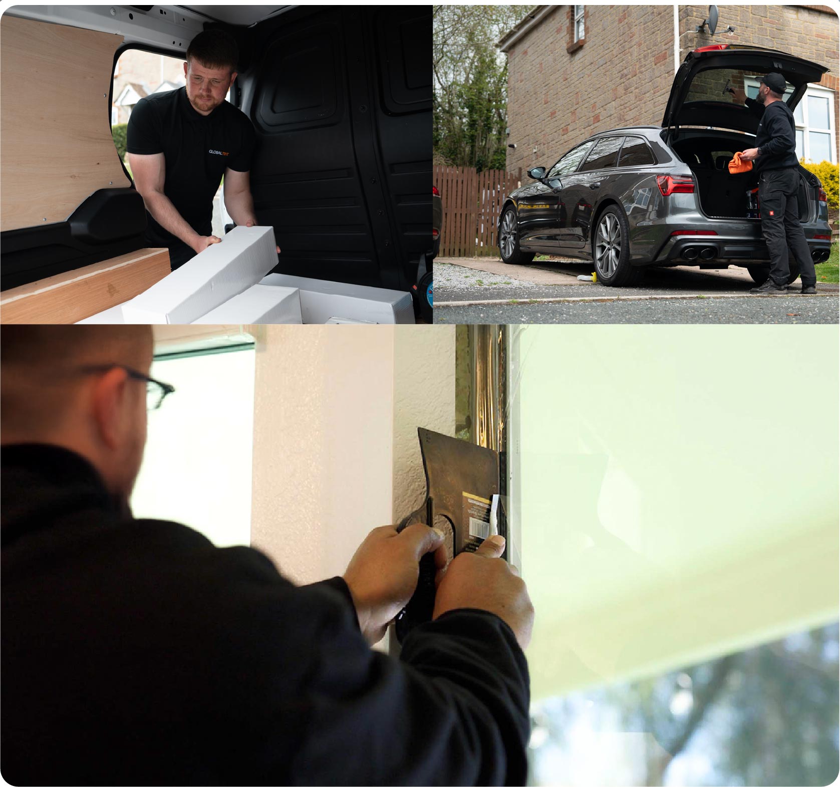 Global Tint Installer Cutting Home Window Film in Bedford