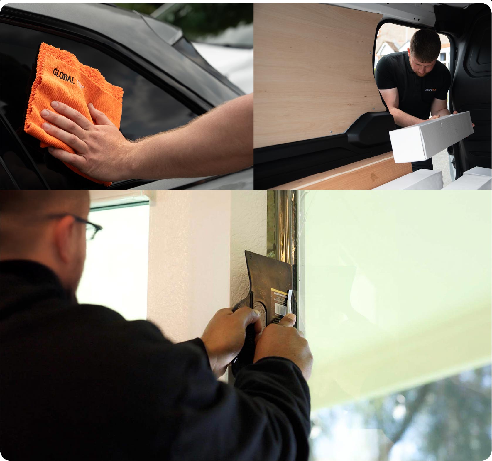 Global Tint Installer Cutting Home Window Film in Birkenhead