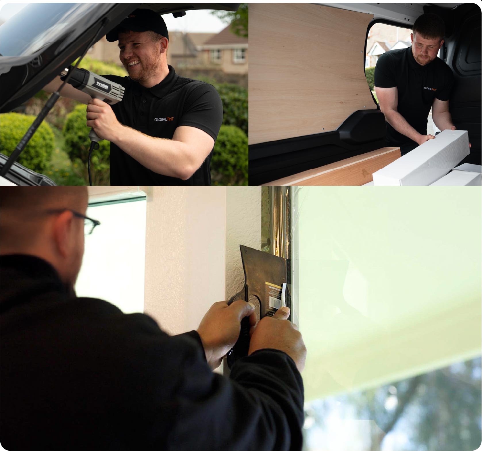 Global Tint Installer Cutting Home Window Film in Bolton