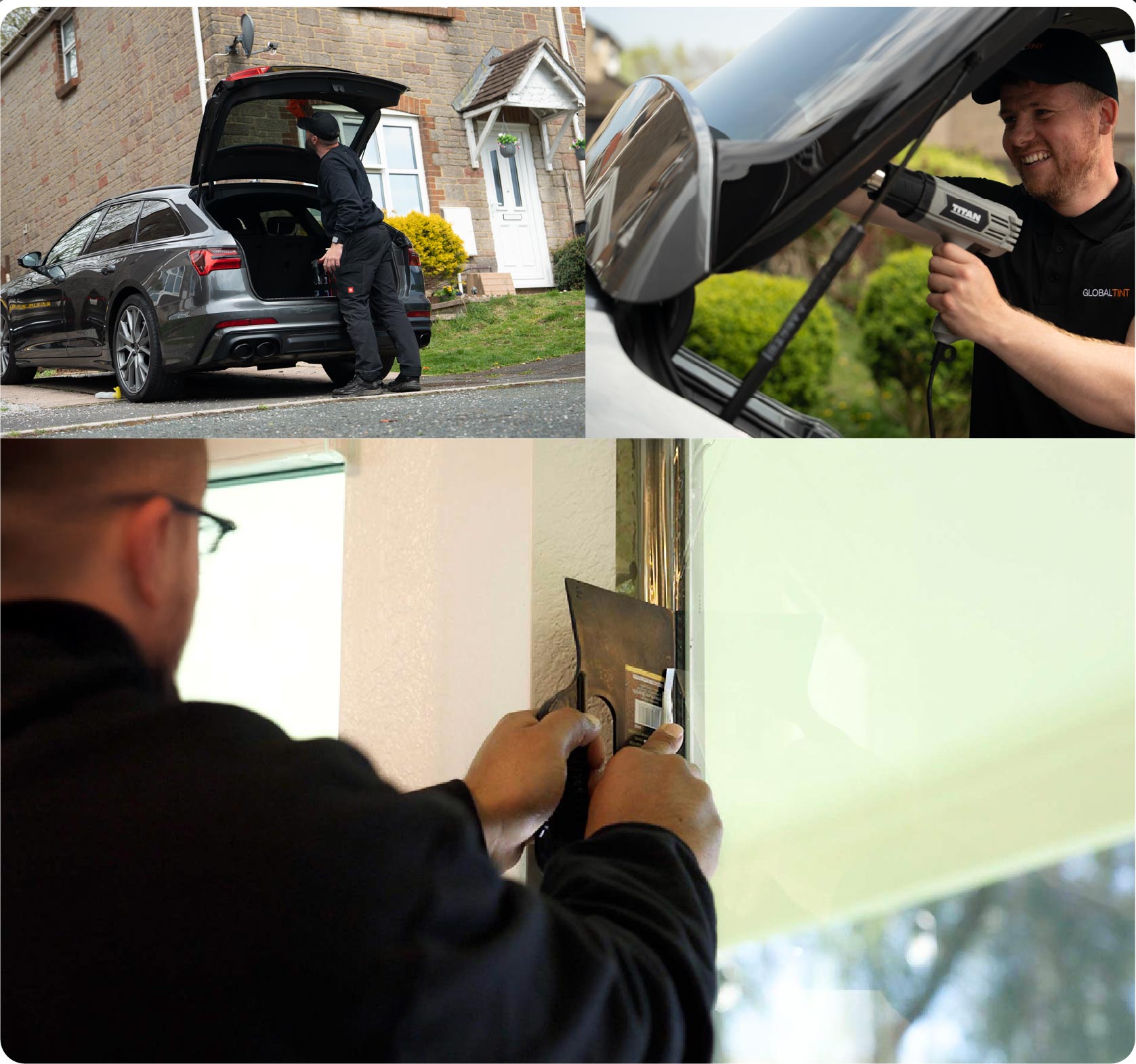 Global Tint Installer Cutting Home Window Film in Braintree