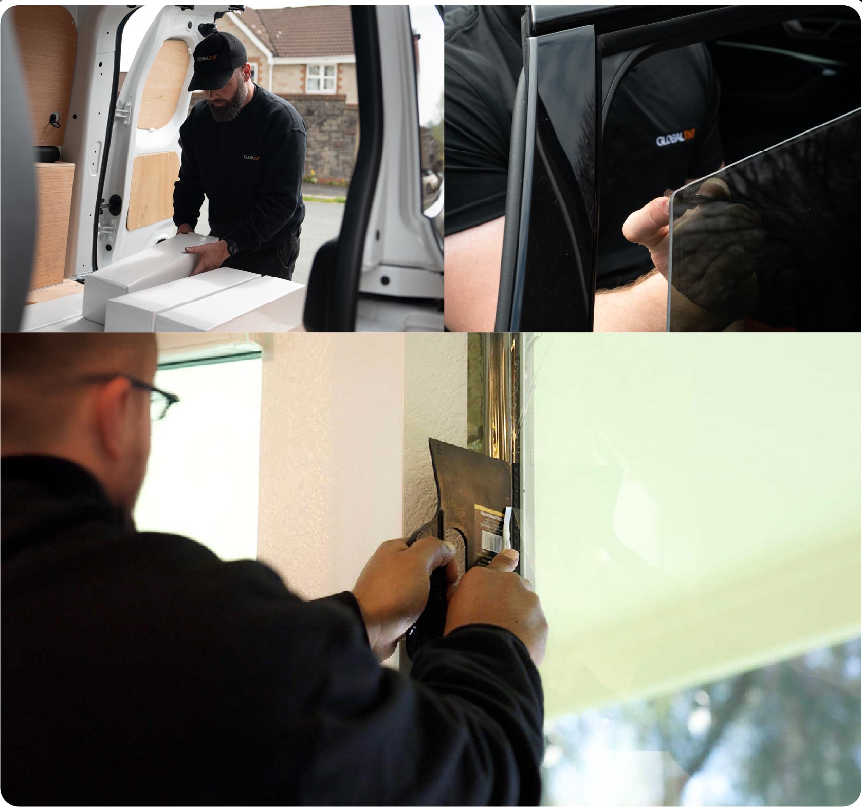 Global Tint Installer Cutting Home Window Film in Brentwood