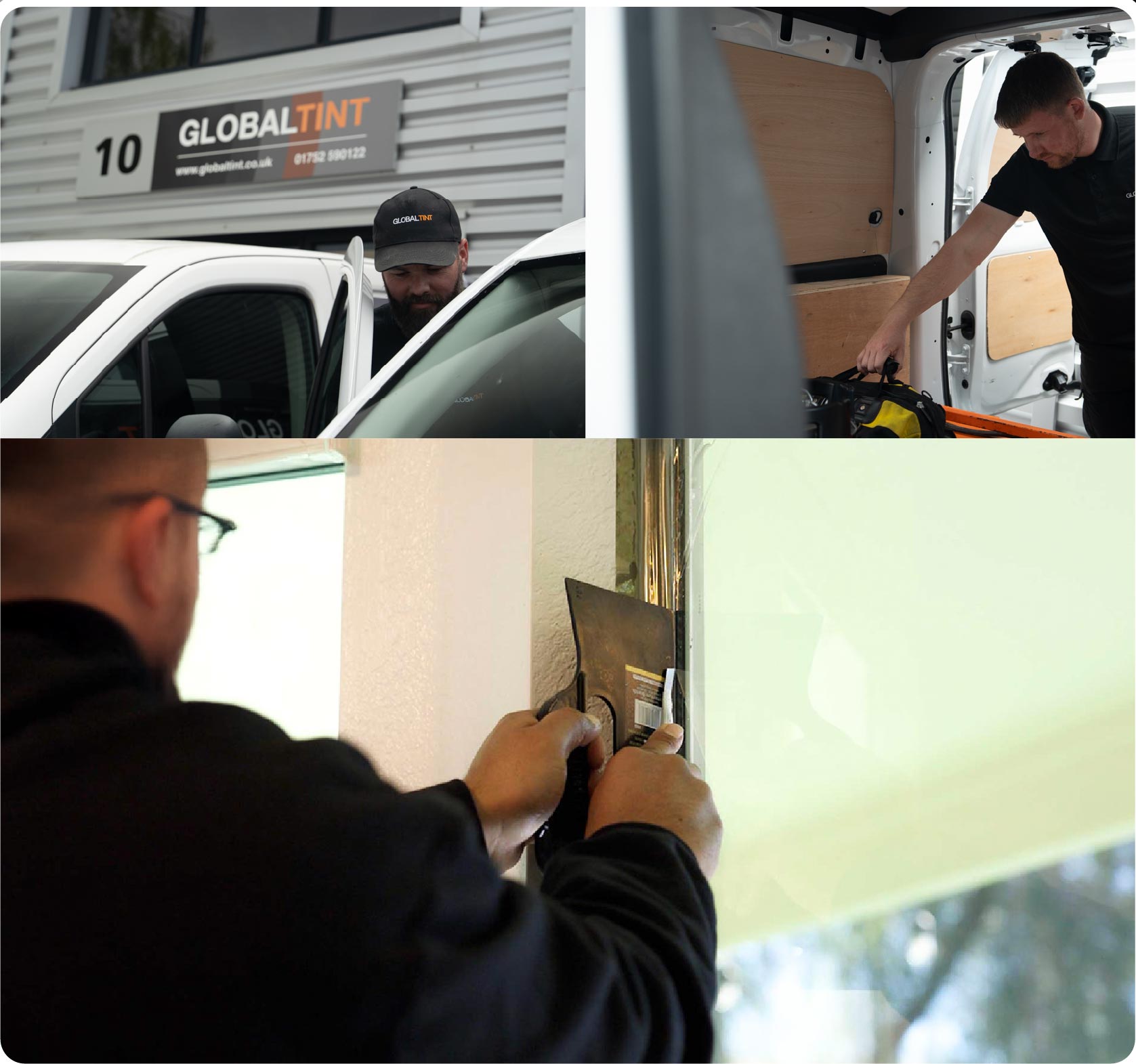 Global Tint Installer Cutting Home Window Film in Chester