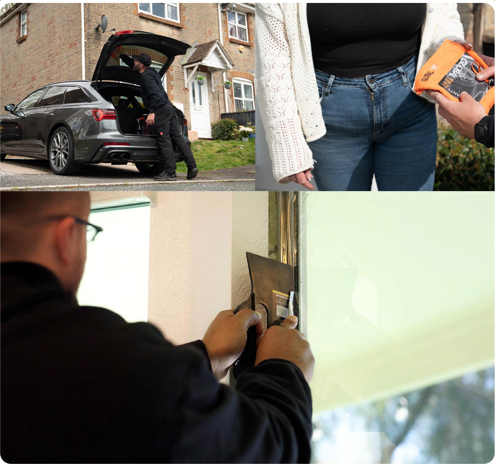 Global Tint Installer Cutting Home Window Film in Fleet