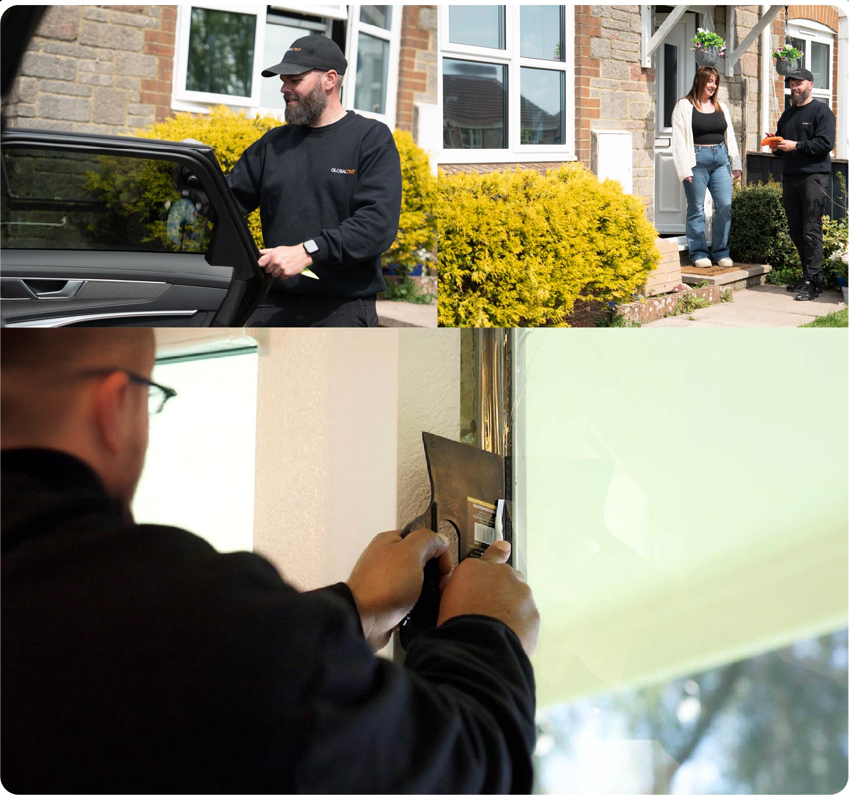 Global Tint Installer Cutting Home Window Film in Leek