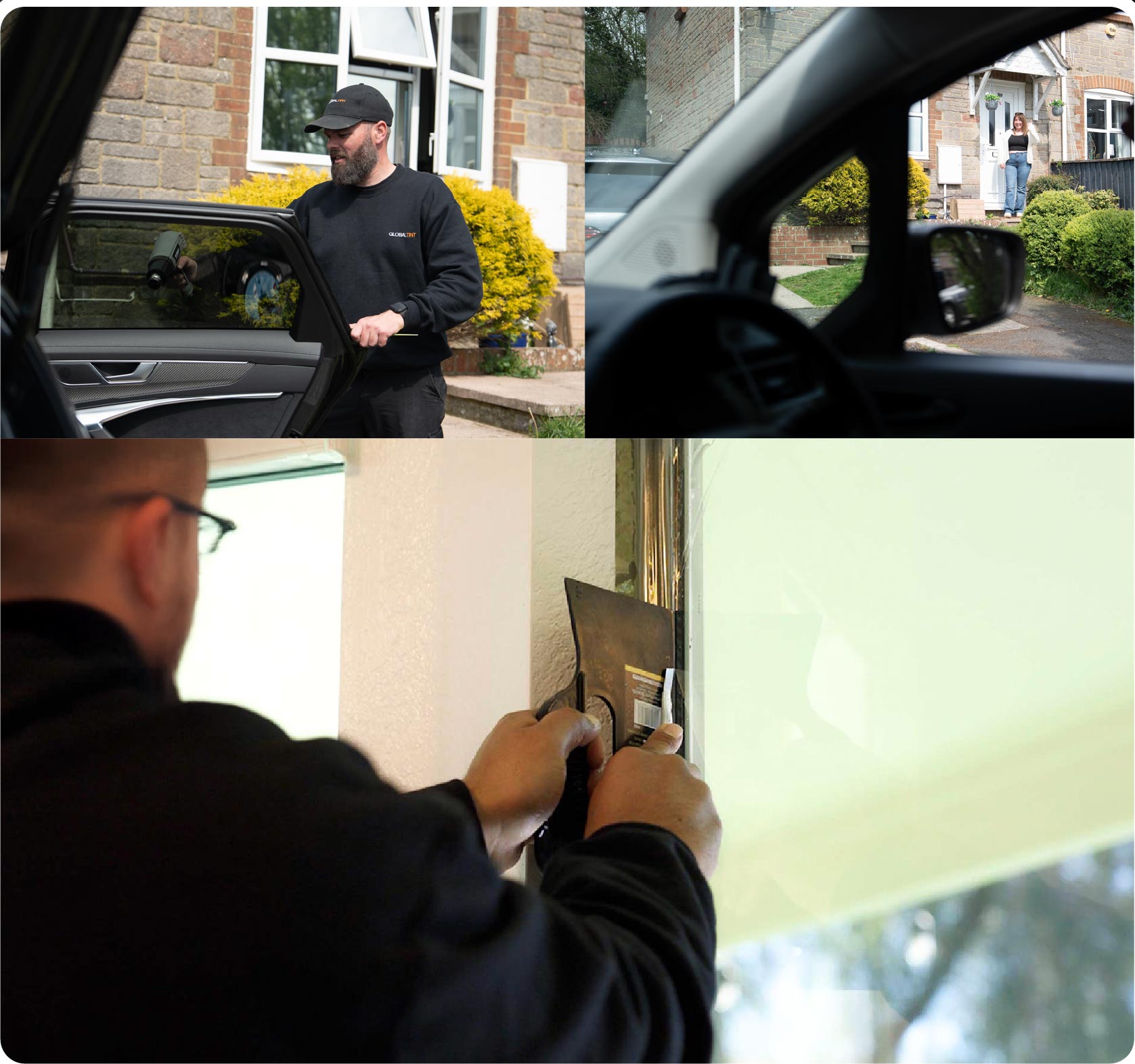 Global Tint Installer Cutting Home Window Film in Lincoln