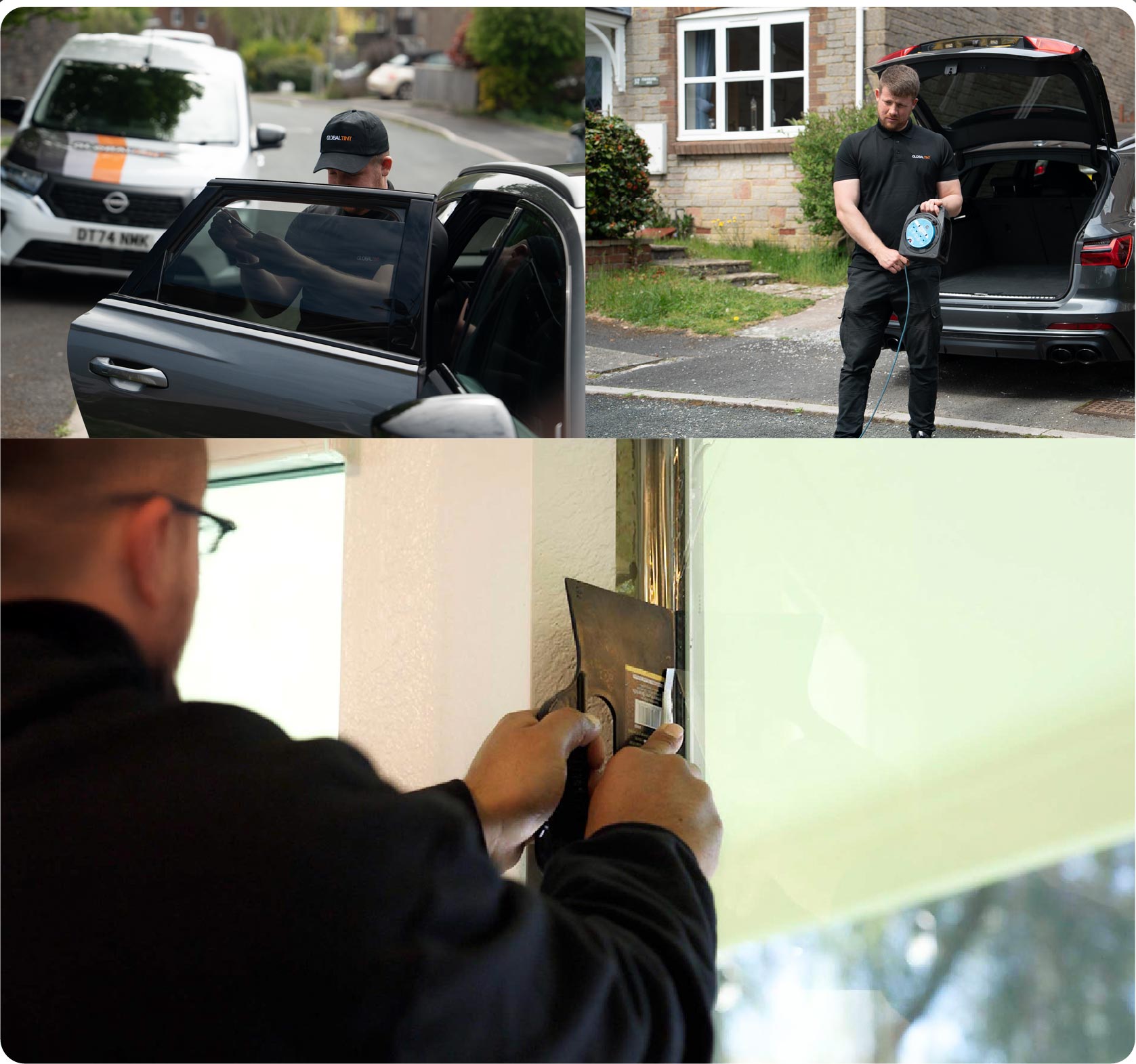 Global Tint Installer Cutting Home Window Film in Plymouth