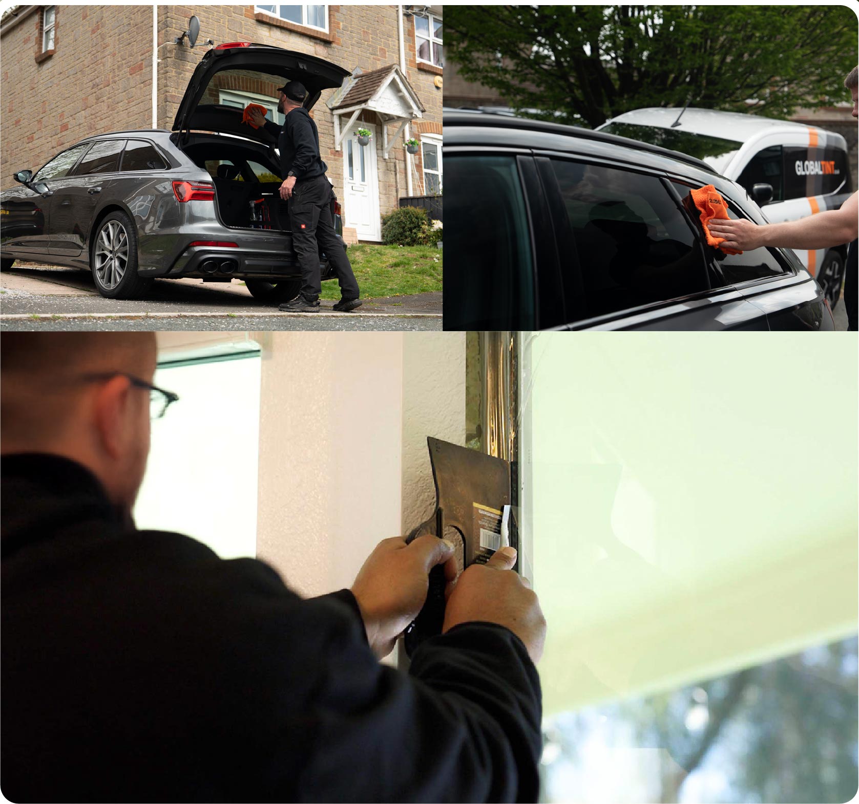 Global Tint Installer Cutting Home Window Film in Stafford