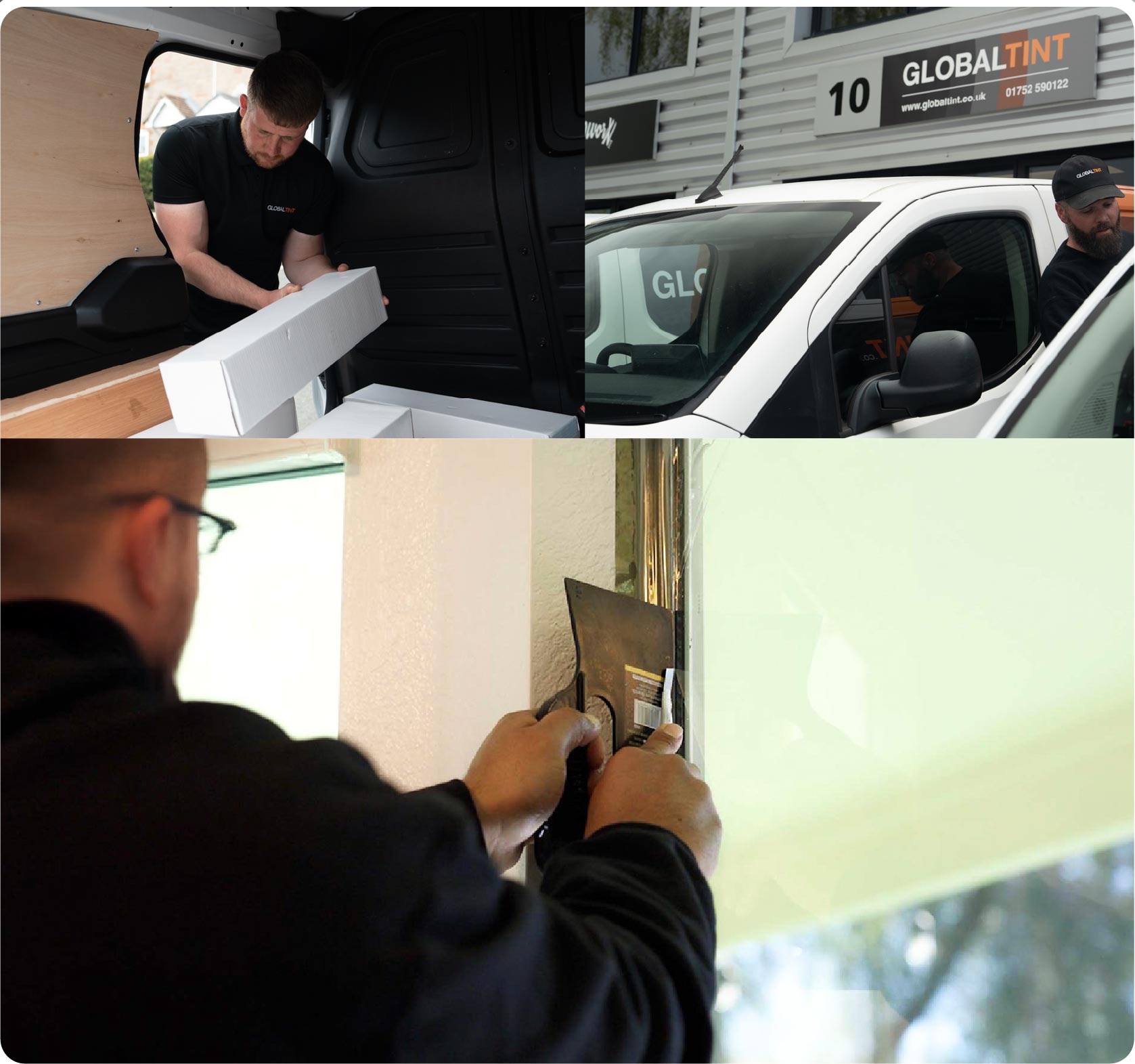 Global Tint Installer Cutting Home Window Film in Stamford
